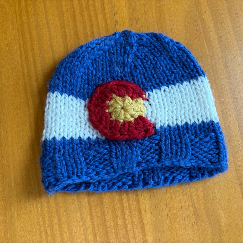 Handknit Blue Stripe Beanie with Colorado C Patch